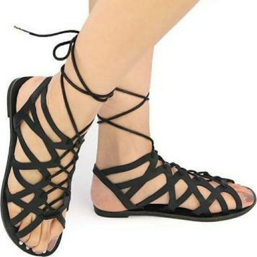 Qupid Athena-974 black lace up goddess sandals
